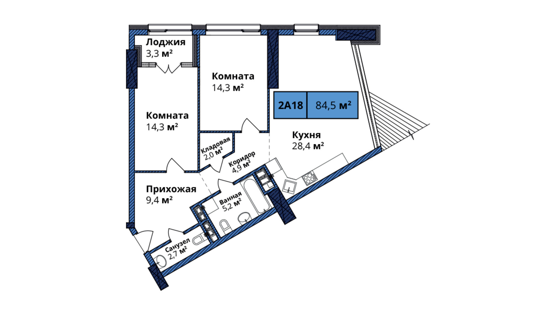 Планировка 2-комнатной квартиры в ЖК Manhattan City 86.5 м², фото 305621