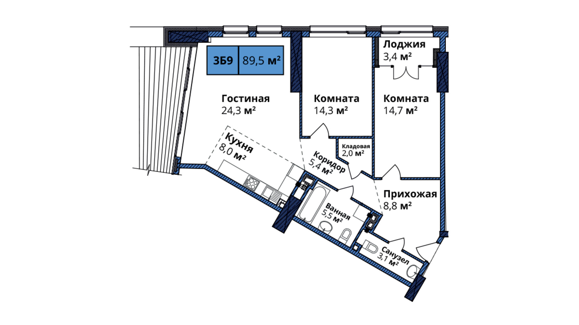 Планування 3-кімнатної квартири в ЖК Manhattan City 88.5 м², фото 305643