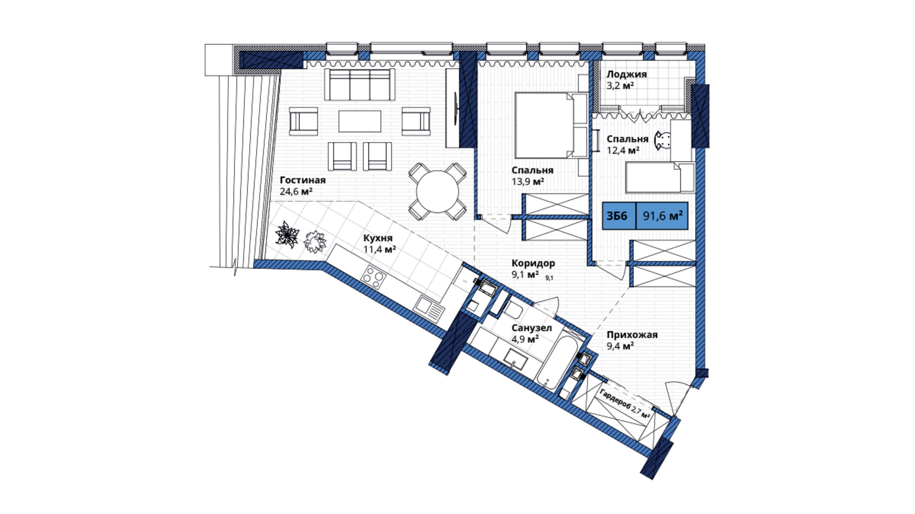 Планування 3-кімнатної квартири в ЖК Manhattan City 90.5 м², фото 305655