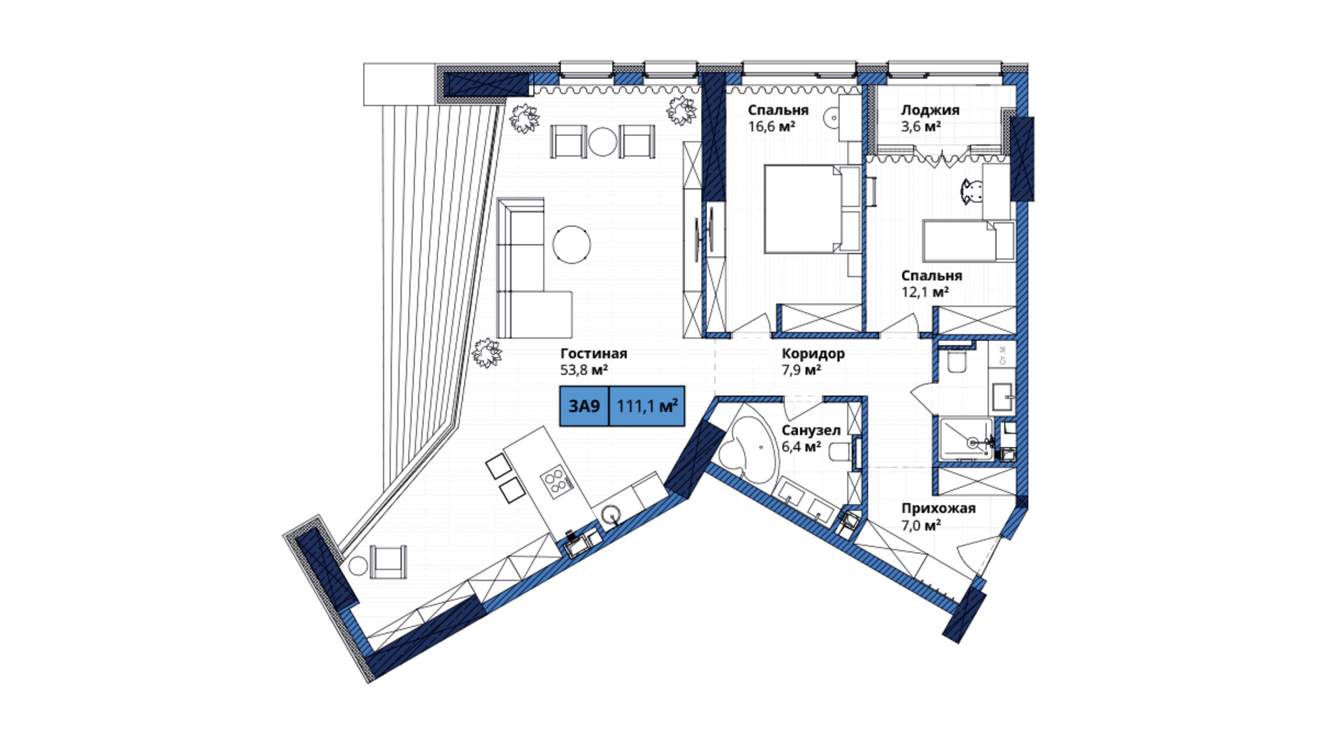 Планировка 3-комнатной квартиры в ЖК Manhattan City 110.3 м², фото 305659