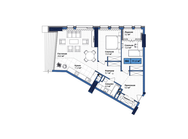 ЖК Manhattan City: планировка 3-комнатной квартиры 94.7 м²