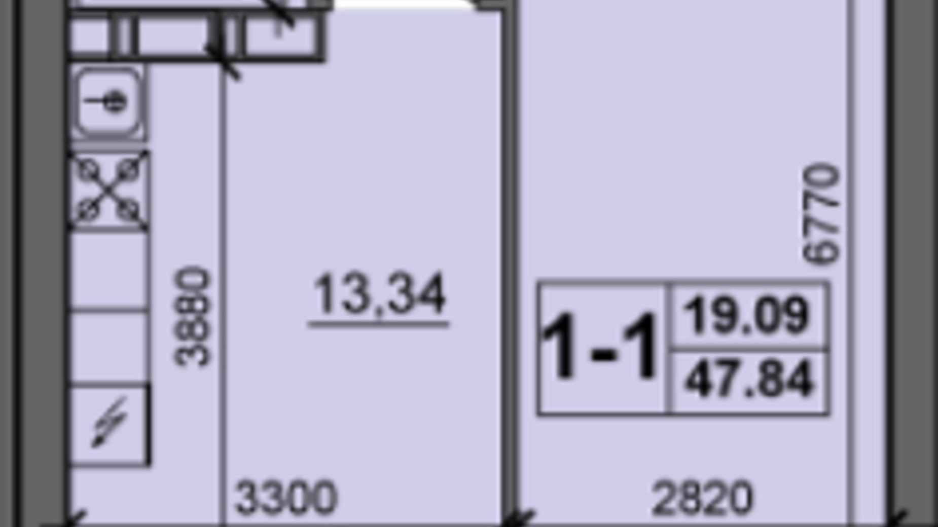 Планування 1-кімнатної квартири в ЖК вул. Сергія Амброса 47.84 м², фото 306038