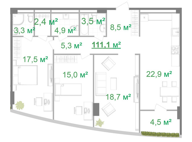 МФК Intergal City: планировка 3-комнатной квартиры 111.3 м²