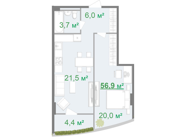 БФК Intergal City: планування 1-кімнатної квартири 56.9 м²
