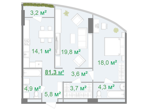 БФК Intergal City: планування 2-кімнатної квартири 81.3 м²