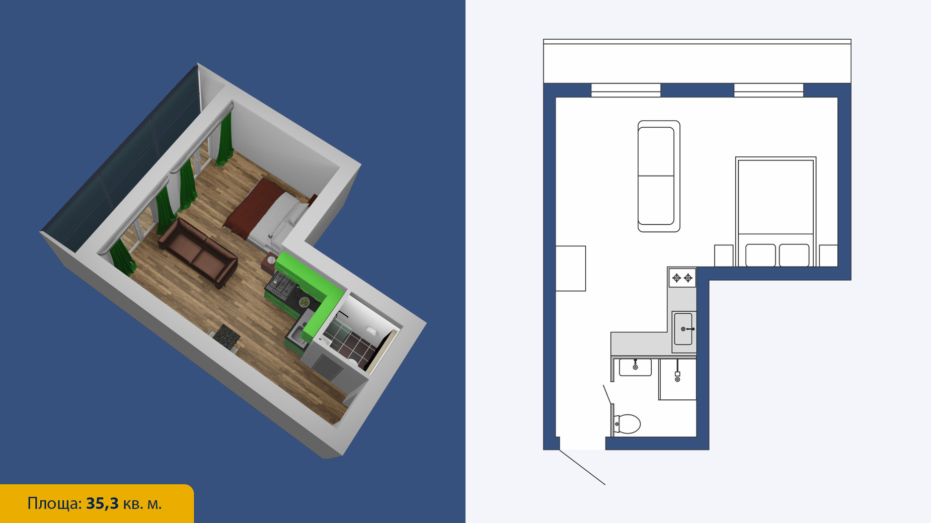 Планировка 1-комнатной квартиры в ЖК Созвездие-2020 35.3 м², фото 306106