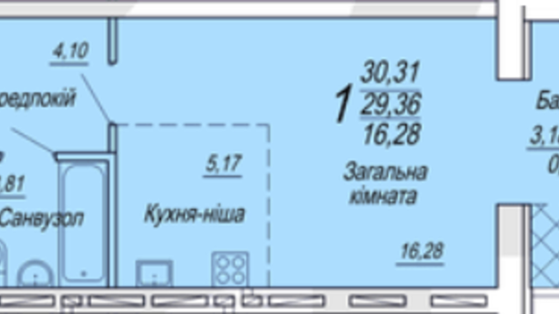 Планування 1-кімнатної квартири в ЖК Сімейний 30.31 м², фото 306110