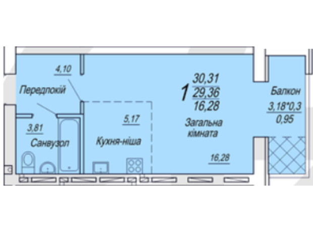 ЖК Сімейний: планування 1-кімнатної квартири 31.01 м²
