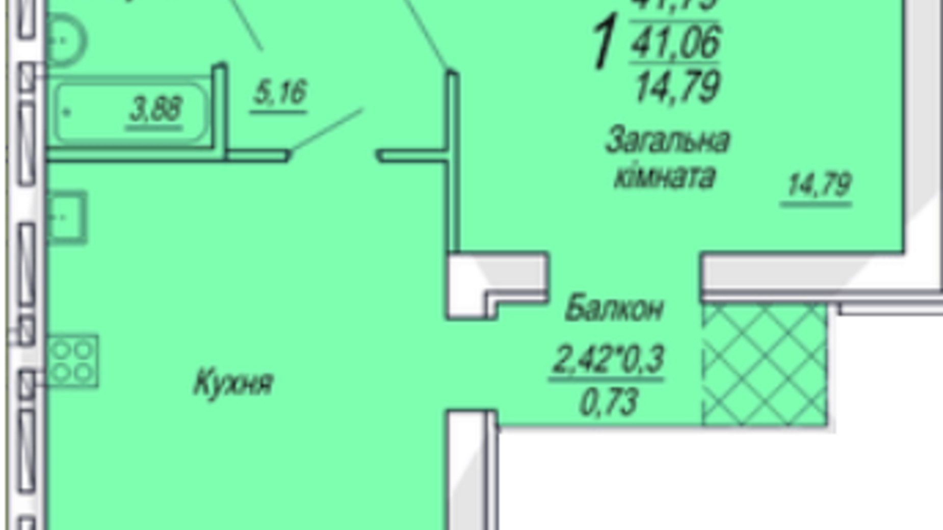 Планування 1-кімнатної квартири в ЖК Сімейний 41.49 м², фото 306113