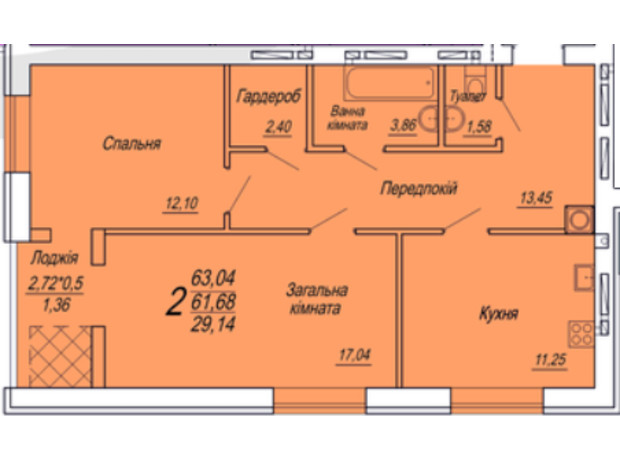 ЖК Семейный: планировка 2-комнатной квартиры 63.04 м²