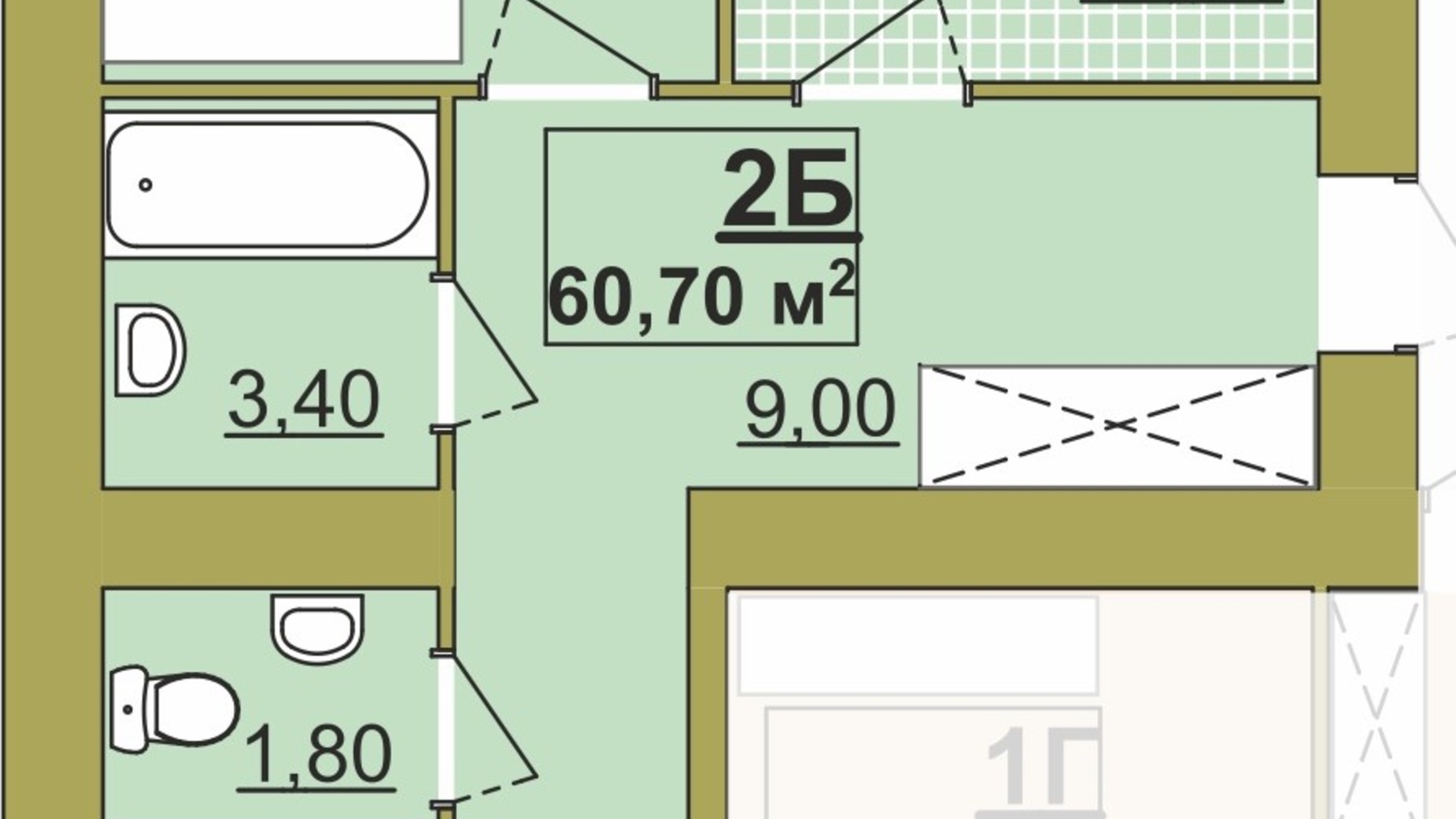 Планування 2-кімнатної квартири в ЖК Містечко Центральне 60.7 м², фото 306290