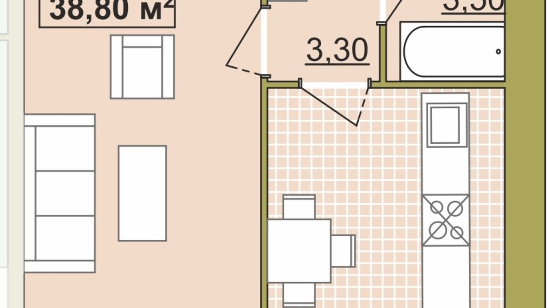 Планування 1-кімнатної квартири в ЖК Містечко Центральне 38.8 м², фото 306292