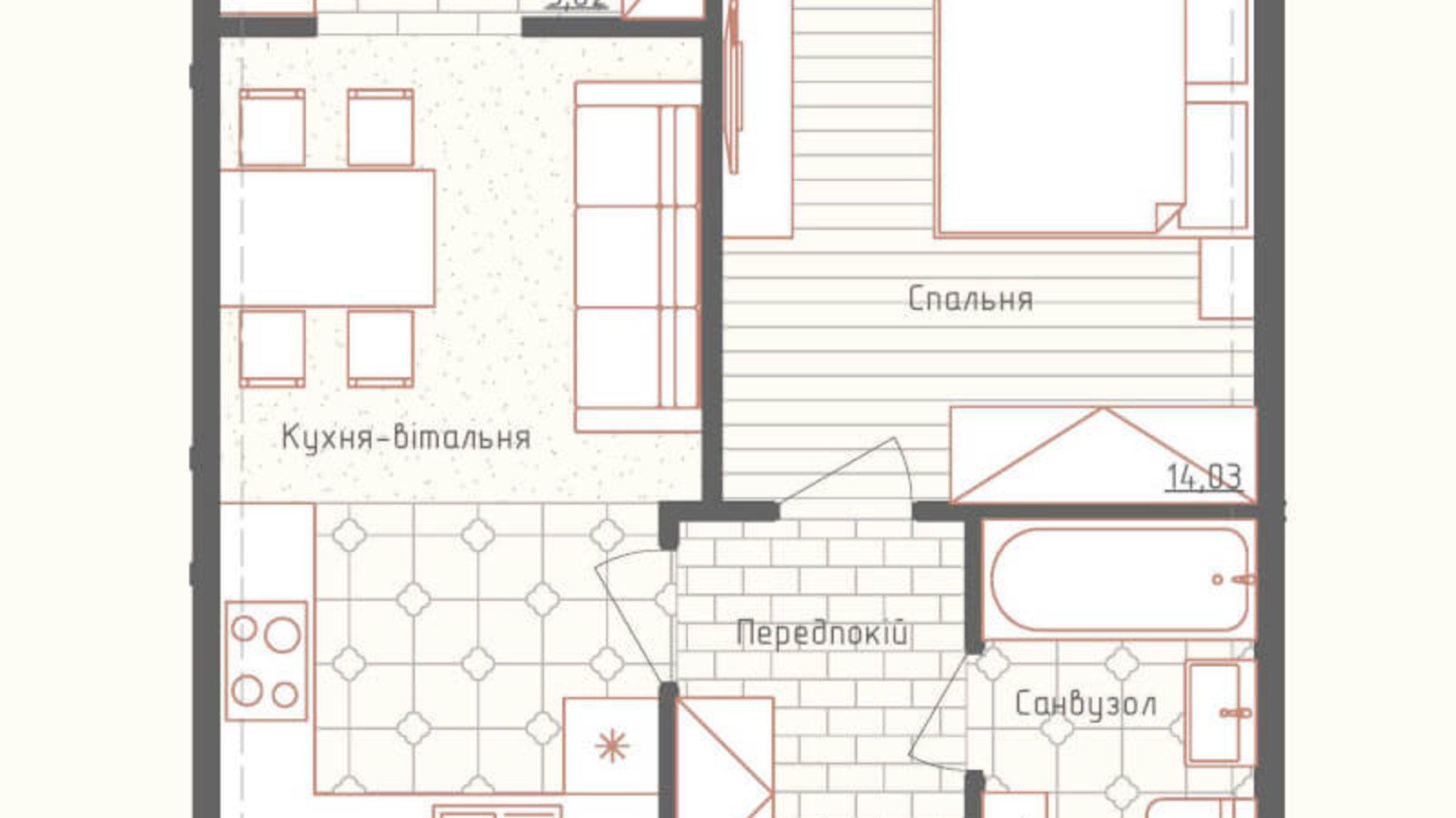 Планування 1-кімнатної квартири в ЖК Нова Англія 41 м², фото 306355