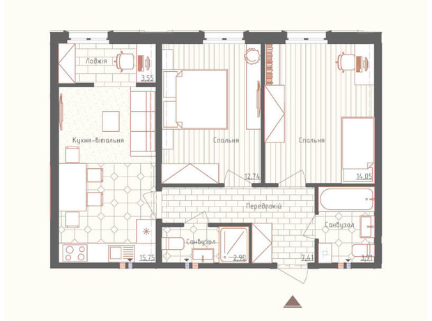 ЖК Нова Англія: планування 2-кімнатної квартири 59.6 м²