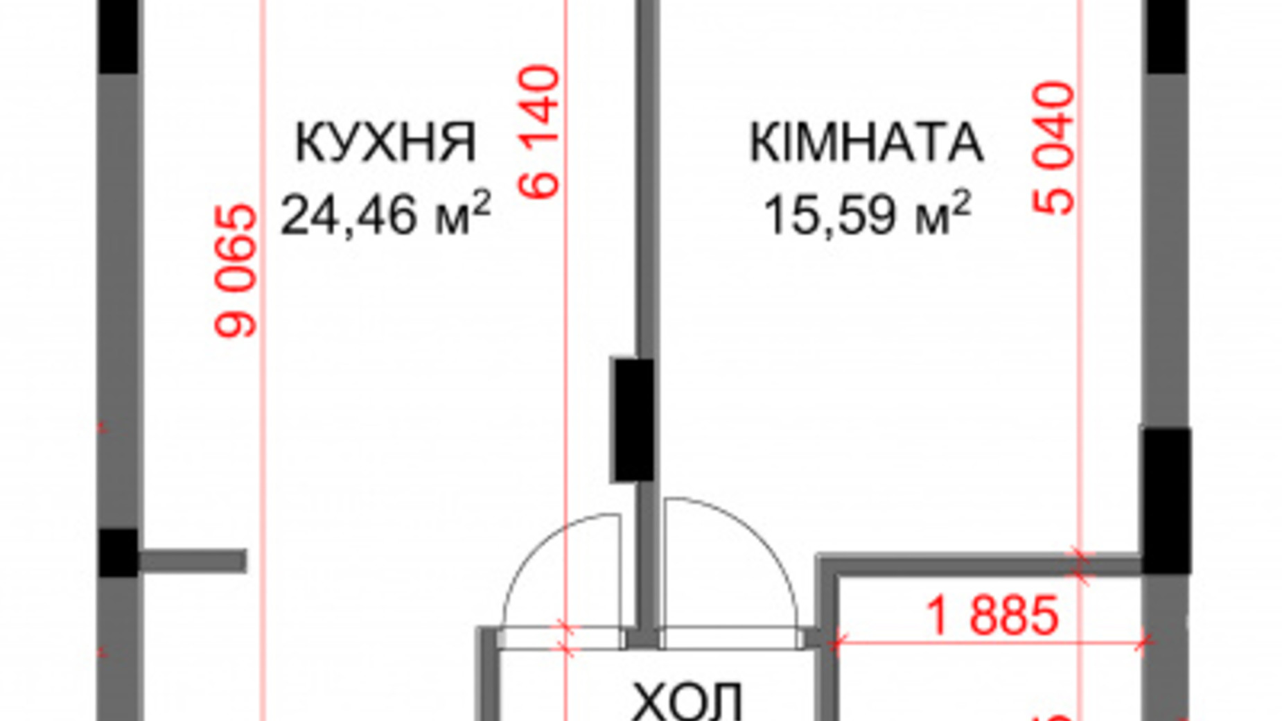 Планировка 1-комнатной квартиры в ЖК Central Bucha 44.57 м², фото 306518