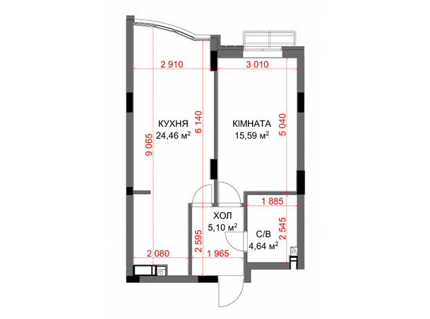 ЖК Central Bucha: планування 1-кімнатної квартири 44.57 м²