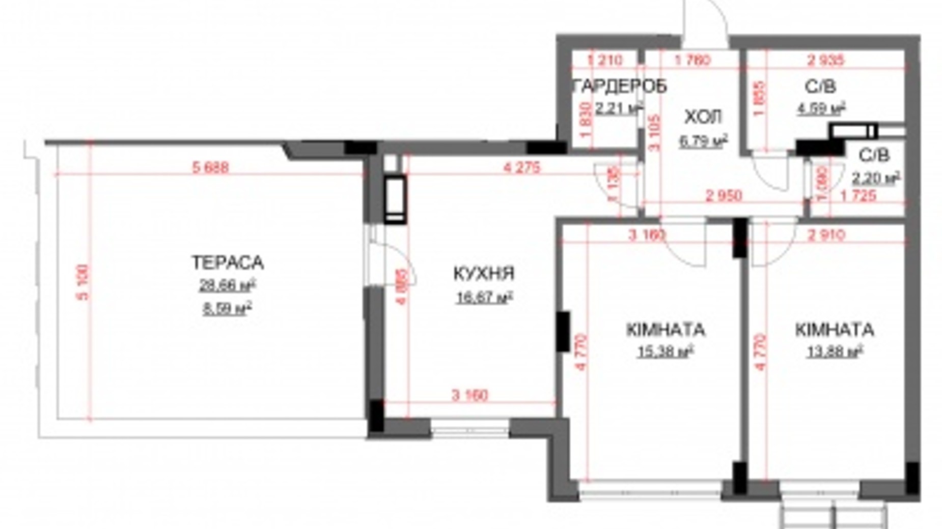 Планировка 2-комнатной квартиры в ЖК Central Bucha 70.31 м², фото 306524