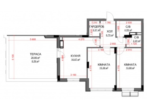 ЖК Central Bucha: планировка 2-комнатной квартиры 70.31 м²