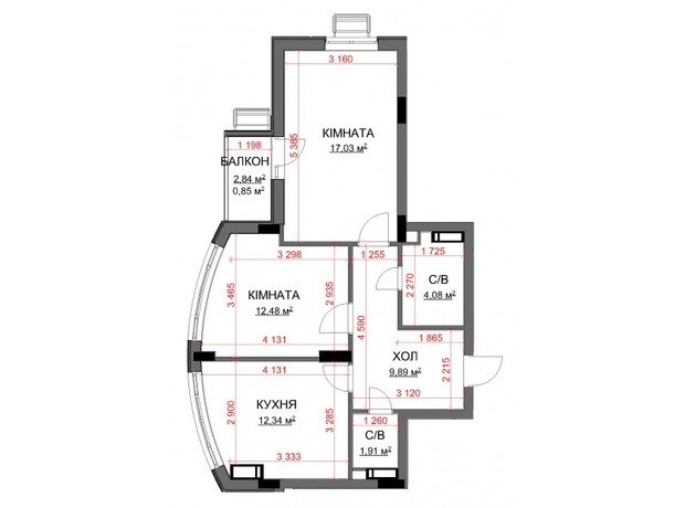 ЖК Central Bucha: планировка 2-комнатной квартиры 58.58 м²