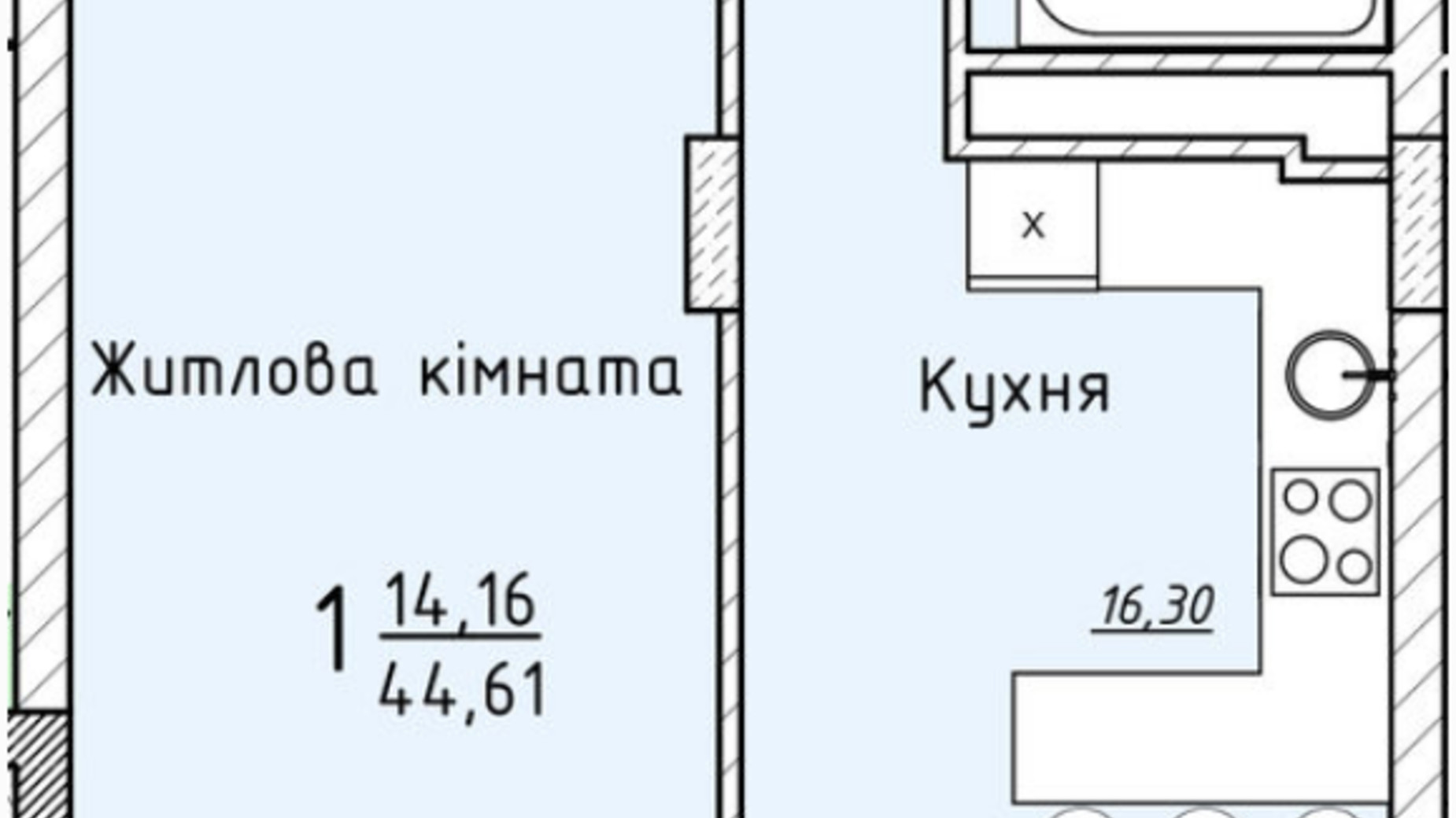 Планування 1-кімнатної квартири в ЖК Globus Elite 44.61 м², фото 306611