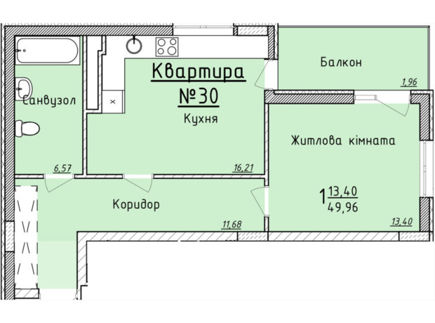 ЖК Globus Elite: планування 1-кімнатної квартири 49.96 м²
