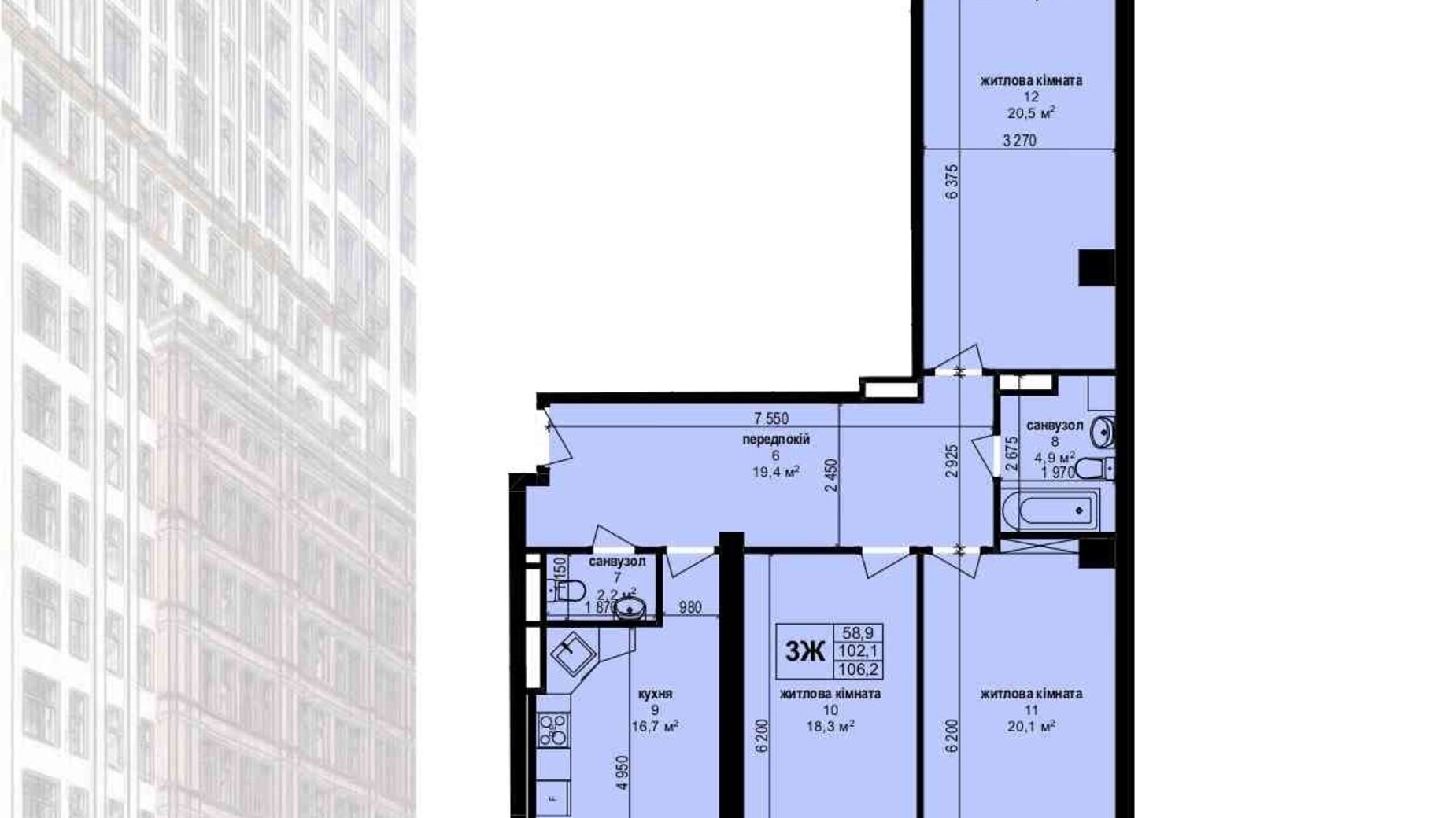 Планировка 3-комнатной квартиры в ЖК Манхэттен 106.2 м², фото 306789