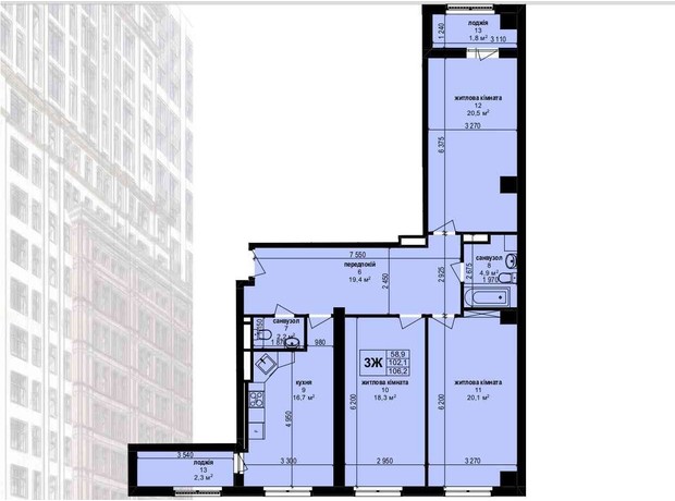 ЖК Манхетен: планування 3-кімнатної квартири 106.2 м²