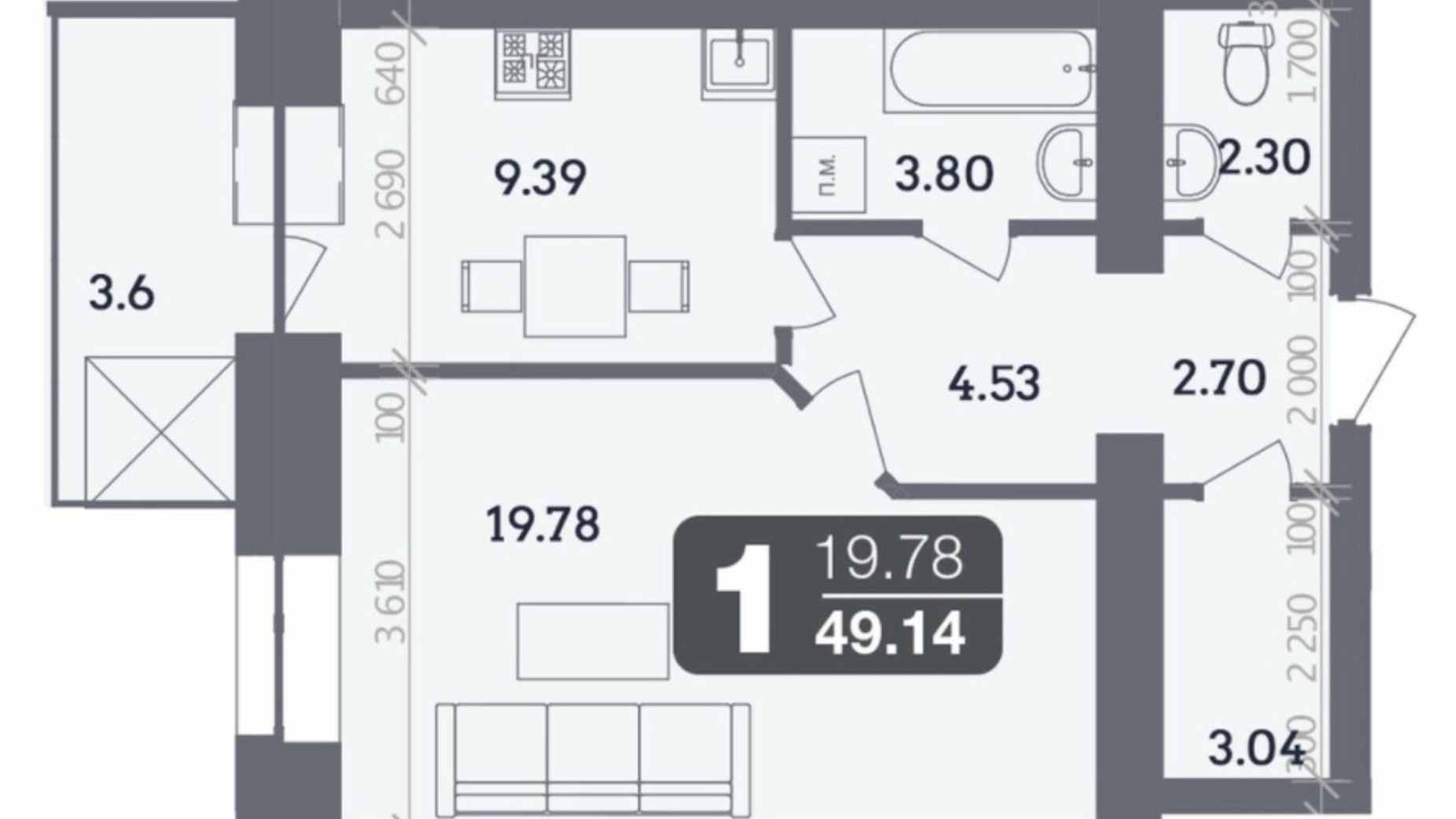 Планировка 1-комнатной квартиры в ЖК Стандарт 49.14 м², фото 306851