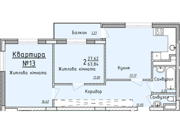 ЖК Globus Elite: планування 2-кімнатної квартири 63.9 м²