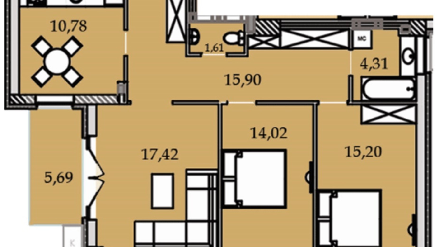 Планировка 3-комнатной квартиры в ЖК Premier Tower 87.13 м², фото 308051