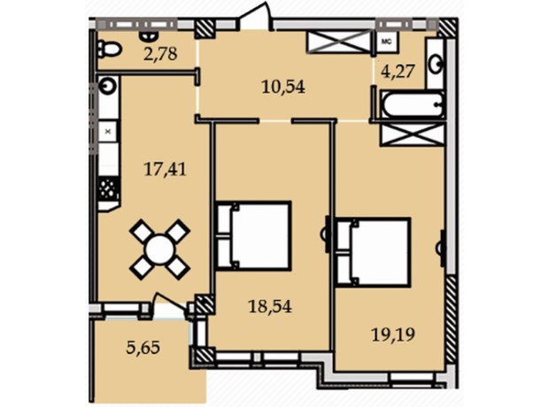 ЖК Premier Tower: планировка 2-комнатной квартиры 76.8 м²