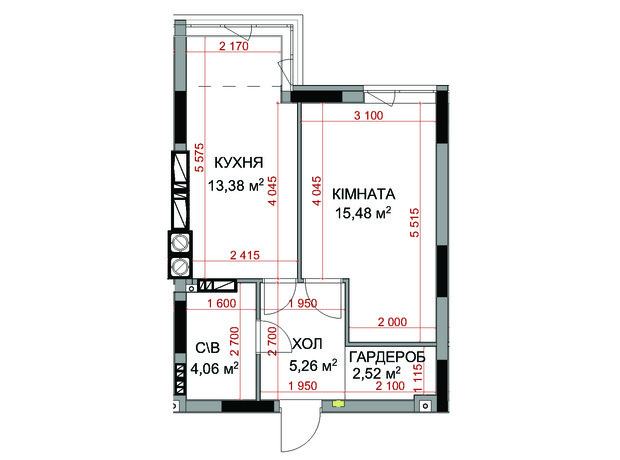 ЖК На Прорезной 2: планировка 1-комнатной квартиры 41.14 м²