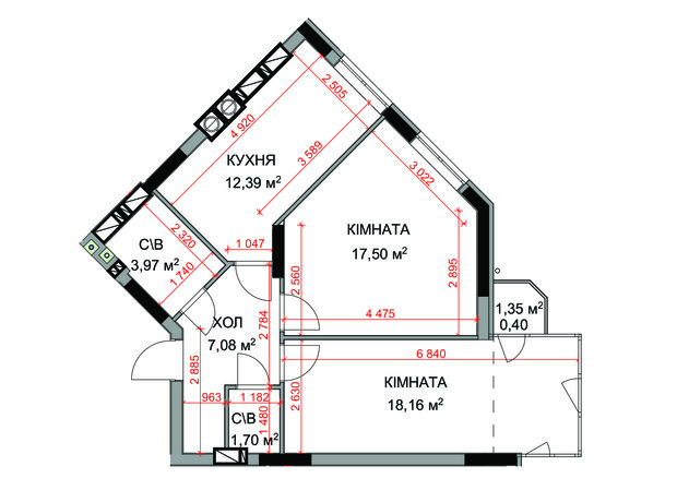 ЖК На Прорезной 2: планировка 2-комнатной квартиры 62.19 м²