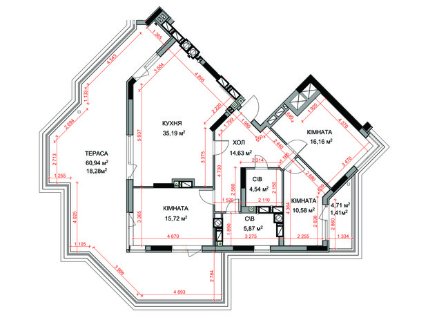 ЖК На Прорезной 2: планировка 3-комнатной квартиры 122.38 м²