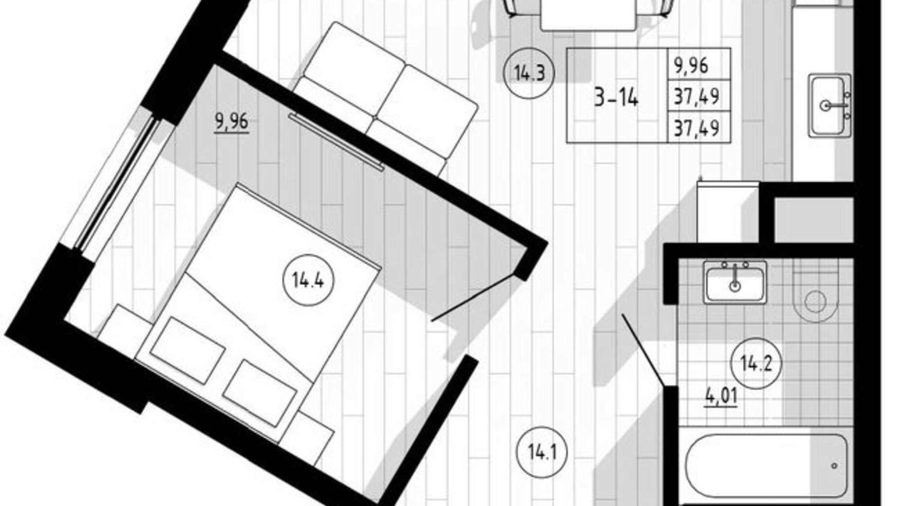 Планировка 1-комнатной квартиры в ЖК Compass Center 37 м², фото 309105