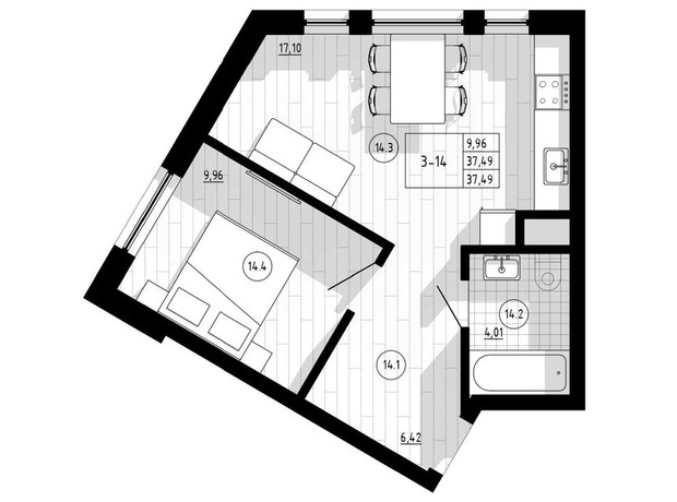 ЖК Compass Center: планировка 1-комнатной квартиры 37 м²