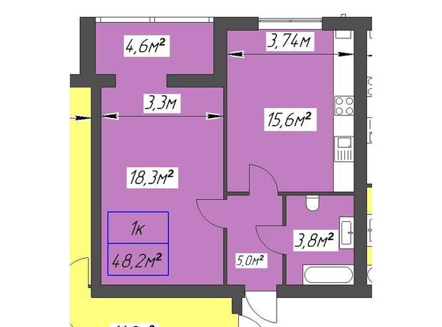 ЖК Паркове містечко: планування 1-кімнатної квартири 48.2 м²