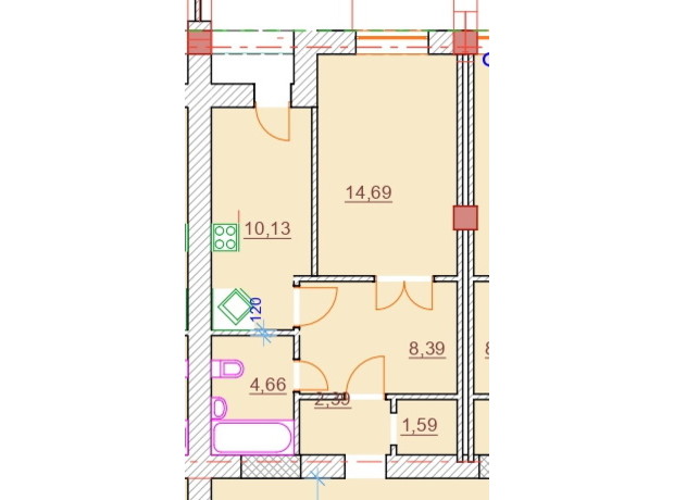 ЖК Парк Стоун: планування 1-кімнатної квартири 46.46 м²