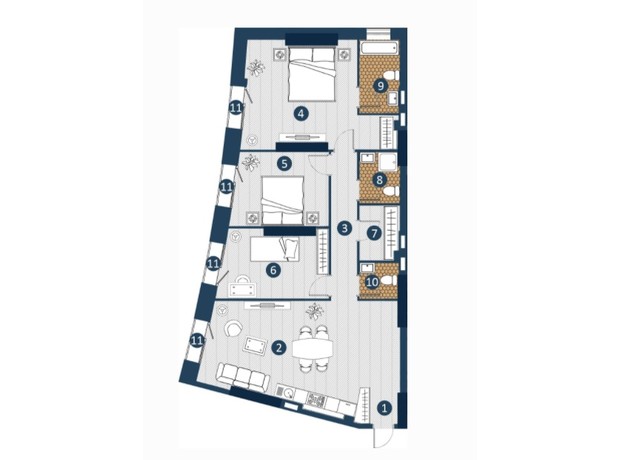 ЖК Bereg Residence: планировка 3-комнатной квартиры 107.31 м²