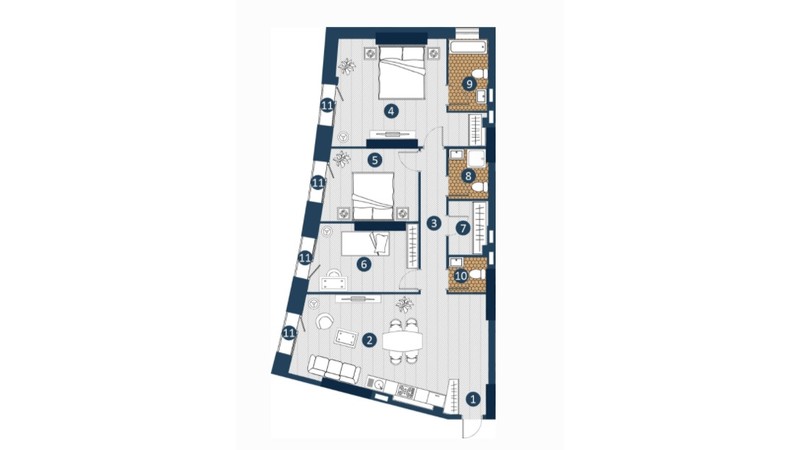 Планировка 3-комнатной квартиры в ЖК Bereg Residence 107.31 м², фото 309360