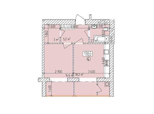 ЖК Дубовий Гай Запоріжжя: планировка 1-комнатной квартиры 44.3 м²
