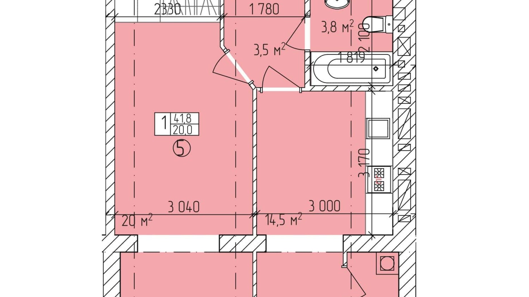 Планировка 1-комнатной квартиры в ЖК Дубовий Гай Запоріжжя 41.5 м², фото 309939