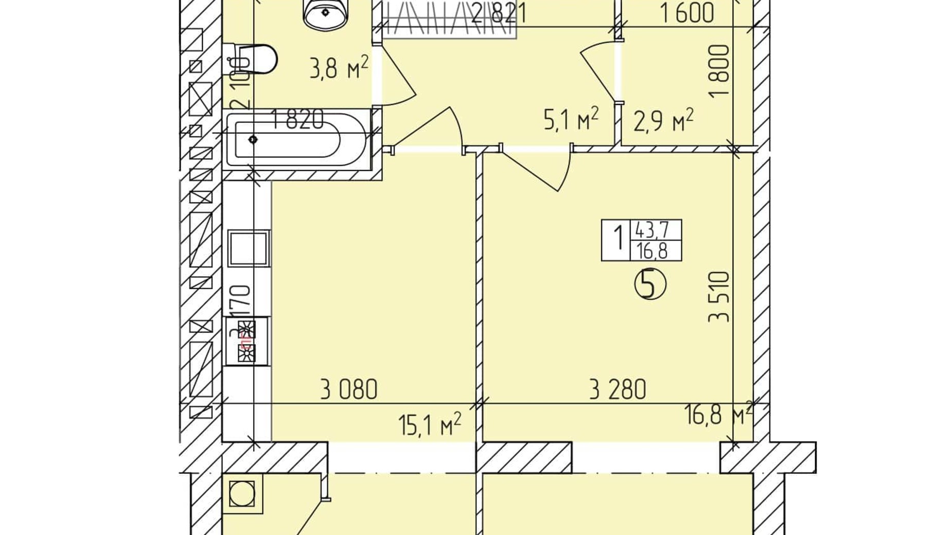 Планировка 1-комнатной квартиры в ЖК Дубовий Гай Запоріжжя 43.4 м², фото 309940