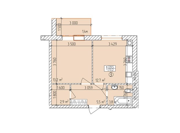 ЖК Дубовий Гай Запоріжжя: планировка 1-комнатной квартиры 39.5 м²