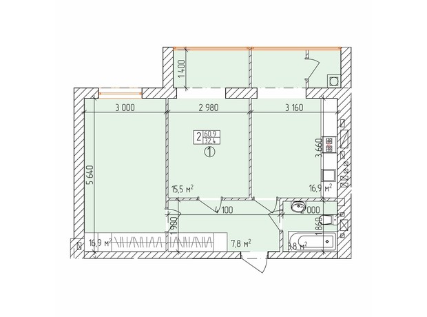 ЖК Дубовий Гай Запоріжжя: планировка 2-комнатной квартиры 60.1 м²