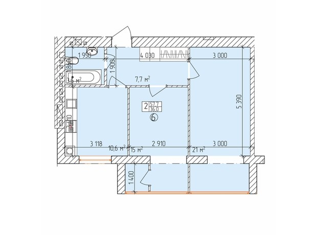 ЖК Дубовий Гай Запоріжжя: планировка 2-комнатной квартиры 57.9 м²