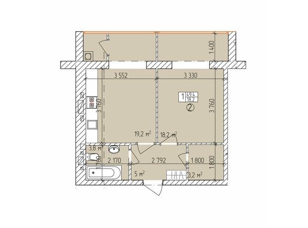 ЖК Дубовий Гай Запоріжжя: планировка 1-комнатной квартиры 49.1 м²