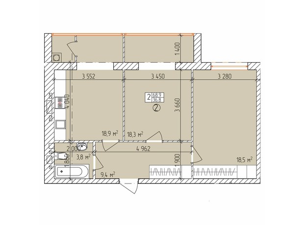 ЖК Дубовий Гай Запоріжжя: планировка 2-комнатной квартиры 68.9 м²