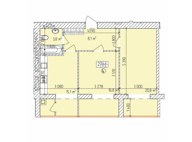 ЖК Дубовий Гай Запоріжжя: планировка 2-комнатной квартиры 64.6 м²