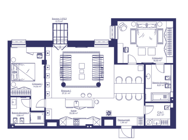 ЖК Saga City Space: планировка 3-комнатной квартиры 108 м²